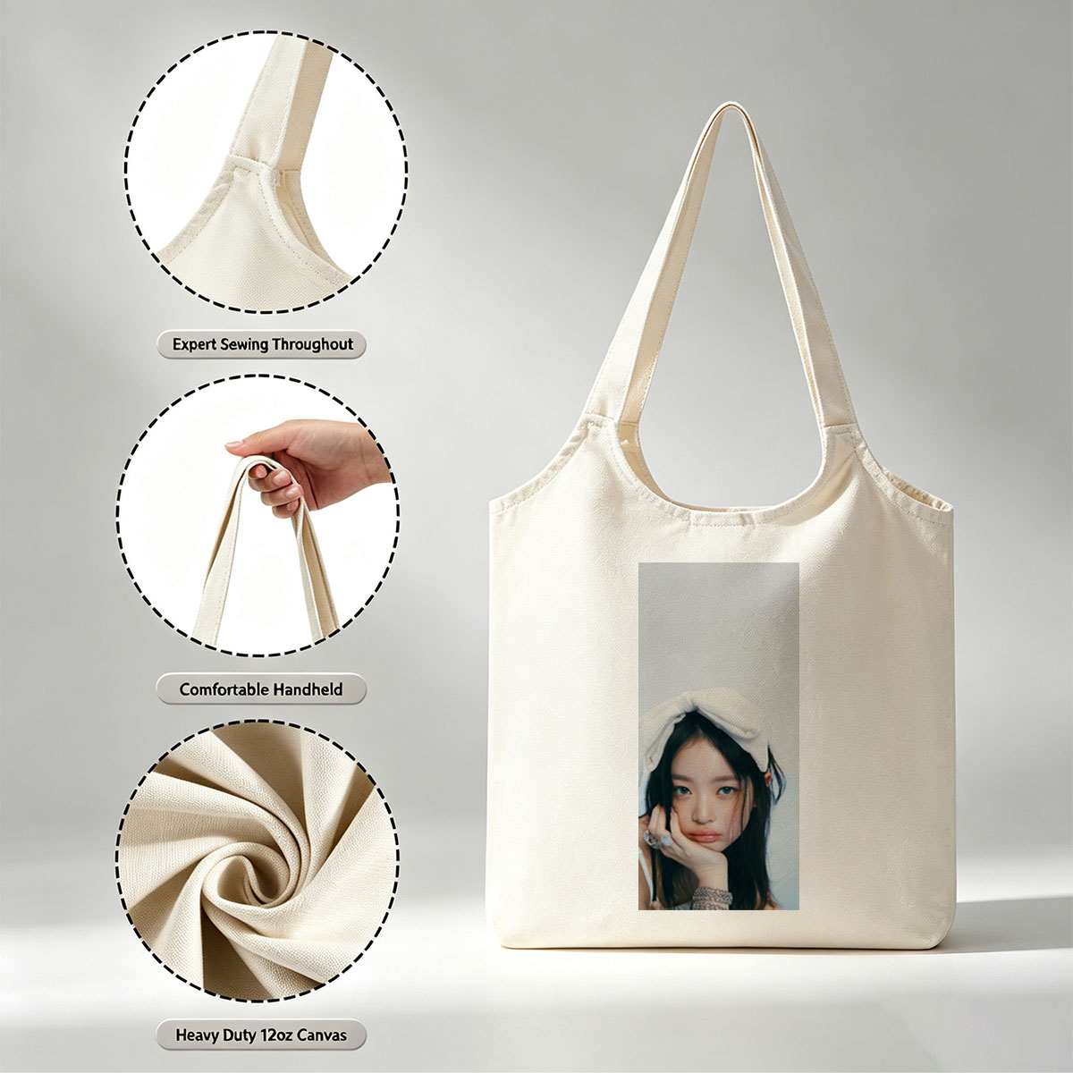 Hanni of NewJeans in a Soft Portrait with White Bow Headband and Elegant Jewelry - Canvas shoulder bags/