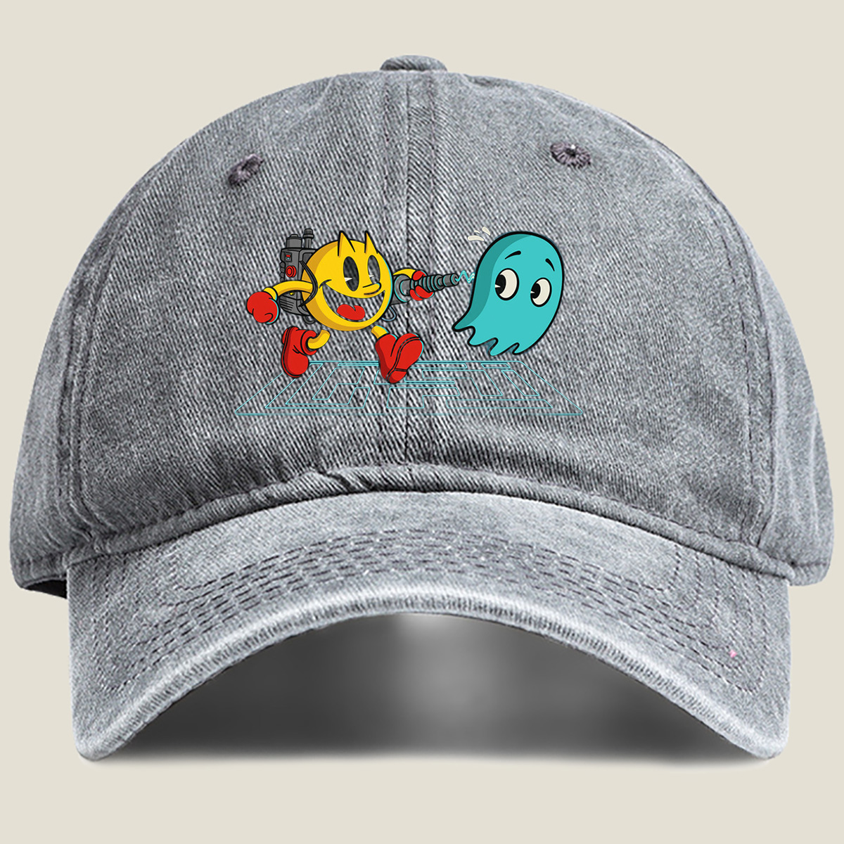 Pac-Man and Ghost in Action - Washed Denim - Baseball Cap