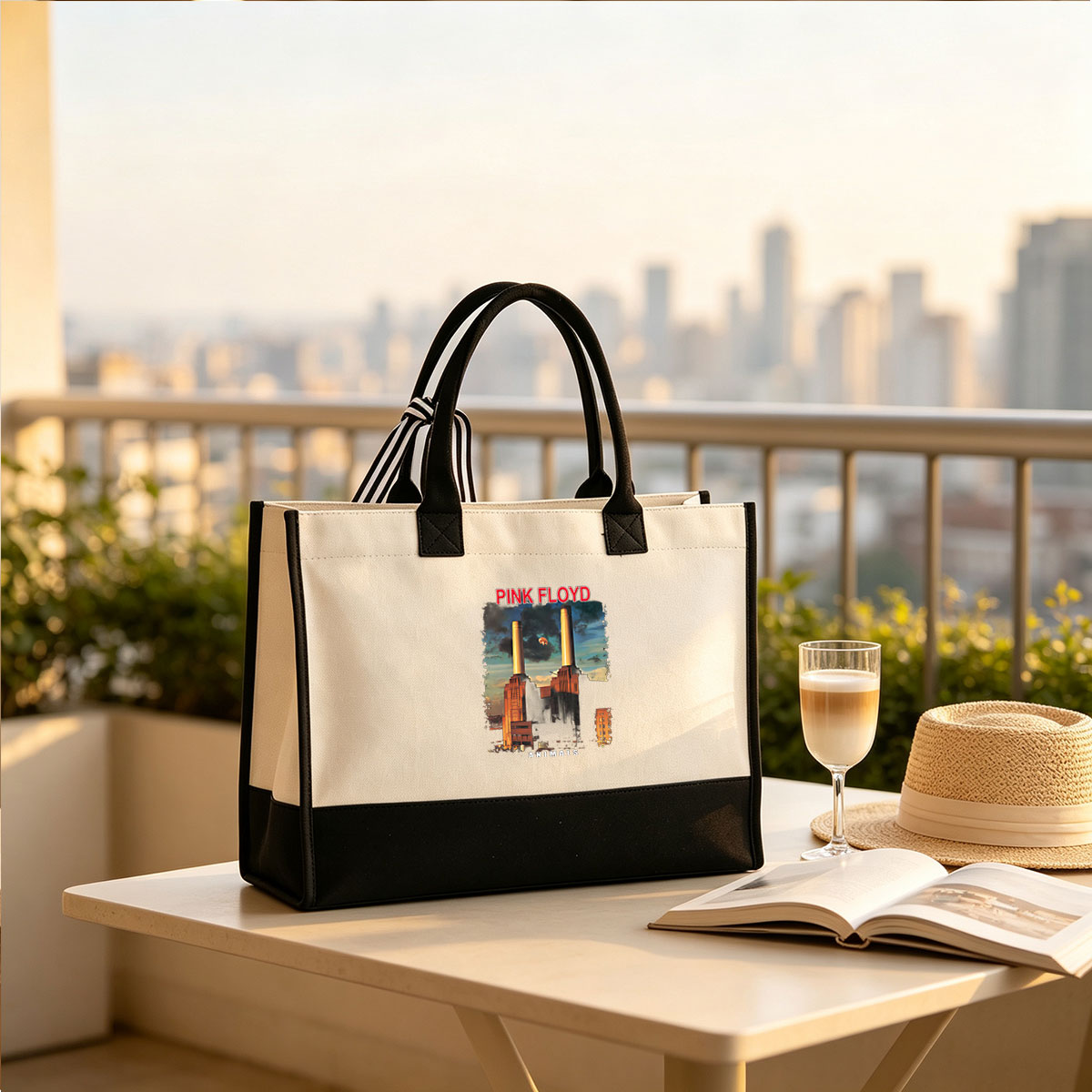Pink Floyd - Animals: Industrial Chimneys and Pig in Sky - Canvas patchwork gift tote bag