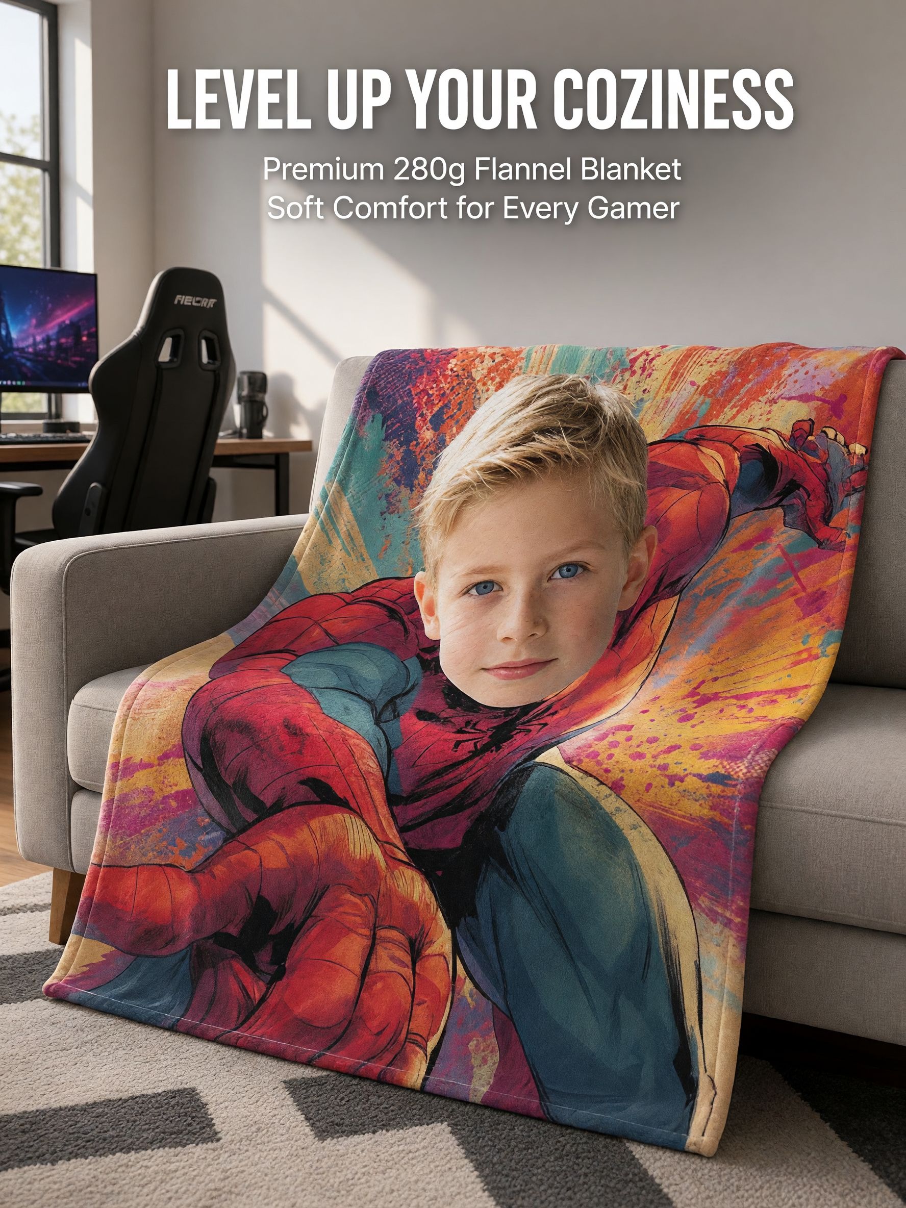 Custom Photo Face Superhero Flannel Blanket, Personalized Comic Hero Fleece Throw for Kids, Cozy Birthday Gift