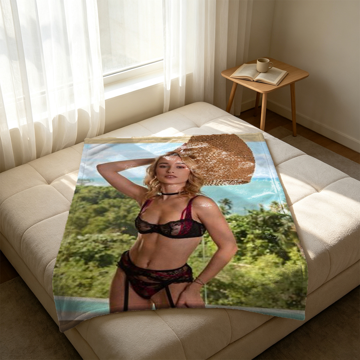 Red Lingerie Seduction on Tufted Couch - Blanket