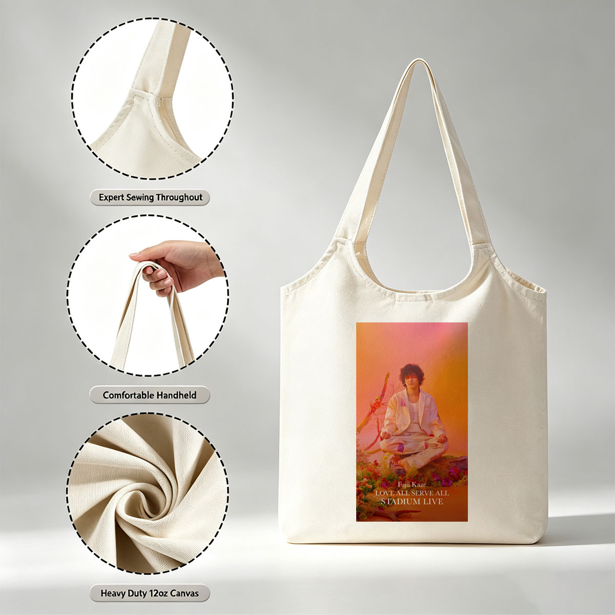 Fujii Kaze Meditating in a Vibrant Floral Landscape with Warm Sunset Background - Canvas shoulder bags/