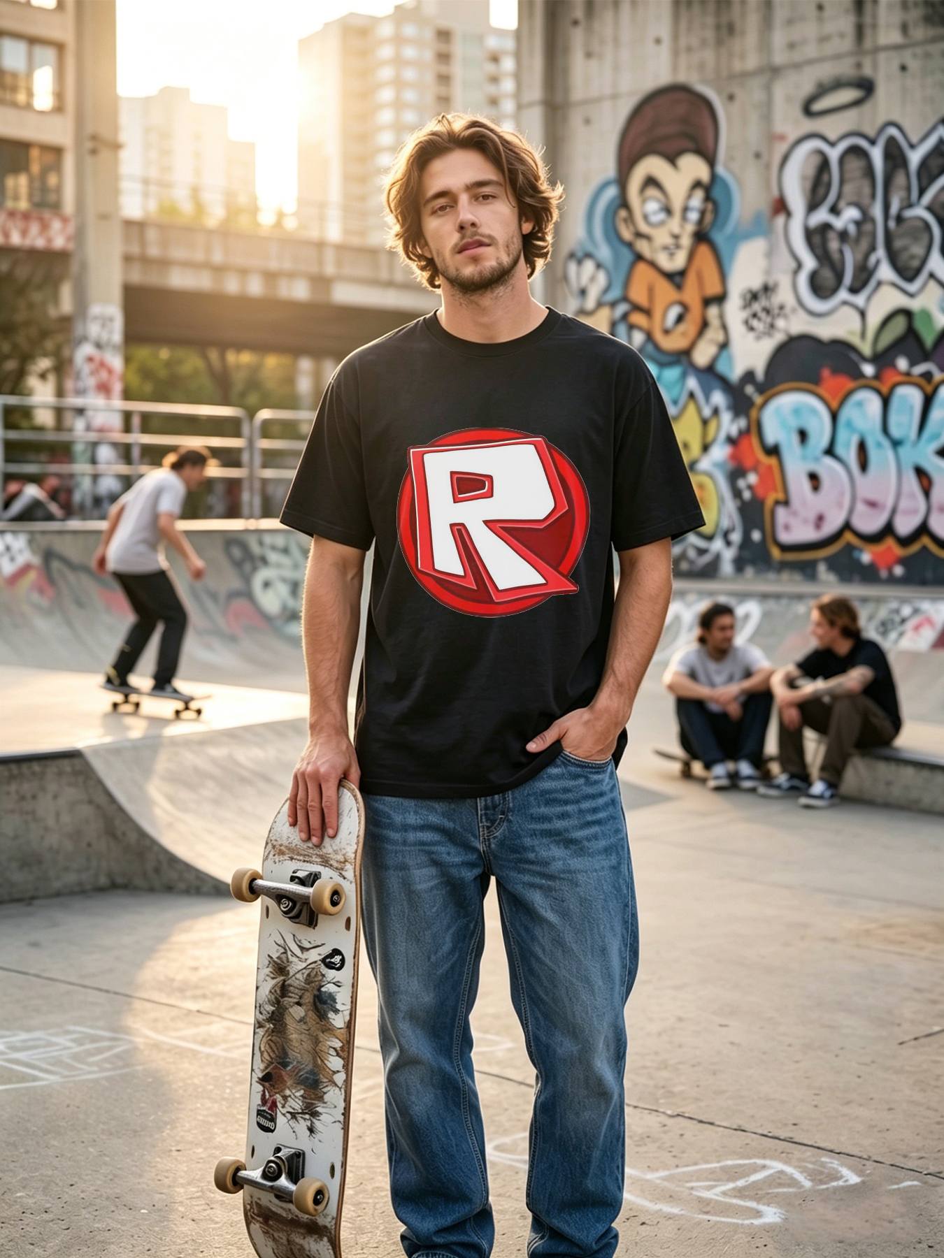 Men's Printed T-Shirt with Bold Red R Logo Design Casual Round Neck Lightweight Breathable Summer Short Sleeve Tee for Everyday Wear, Outdoor Activities, and Fans of Pop Culture Icons