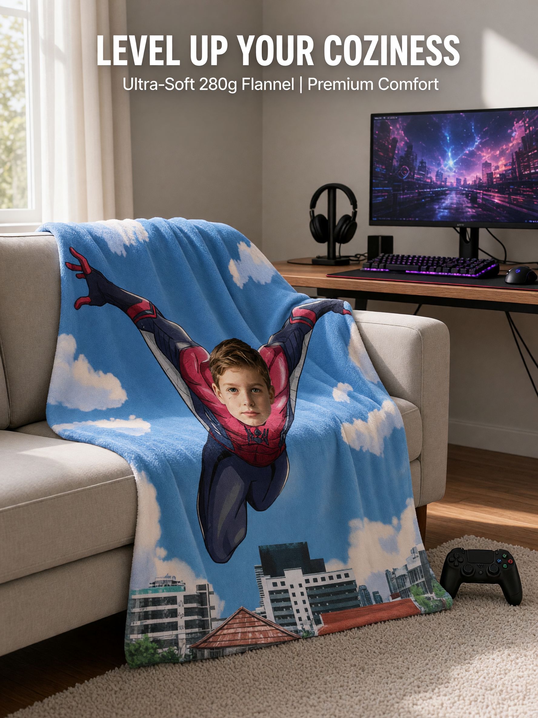 Custom Face Blanket Personalized Superhero Flying Over City Flannel Throw Cozy Photo Gift for Kids and Boys