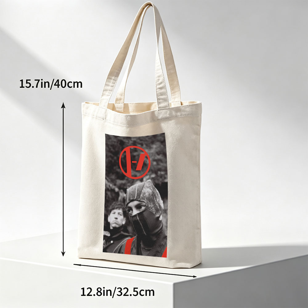 Linkin Park Band Member in Black and White with Red Logo and Balaclava Scene - Canvas tote bags
