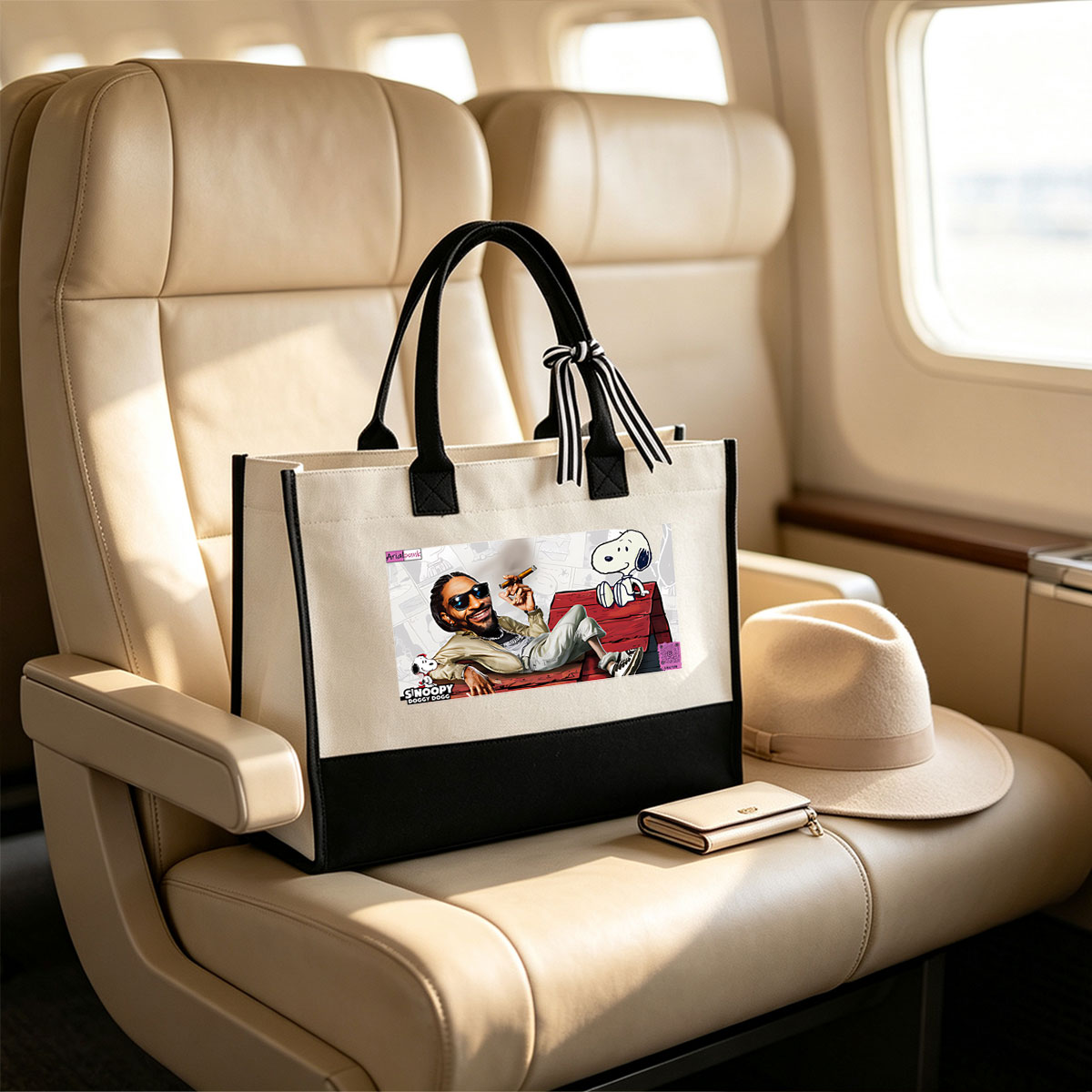 Snoop Dogg and Snoopy: A Cool Collaboration on a Red Doghouse - Canvas patchwork gift tote bag