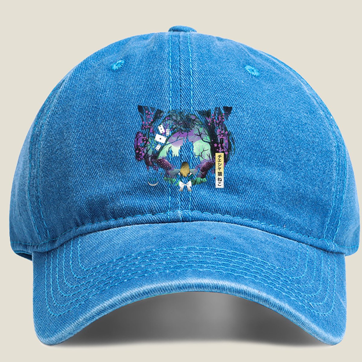 Alice in Wonderland: Cheshire Cat and Alice - Washed Denim - Baseball Cap