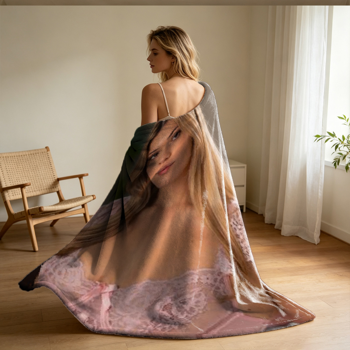 Nude Japanese Woman Sitting on Bed - Blanket