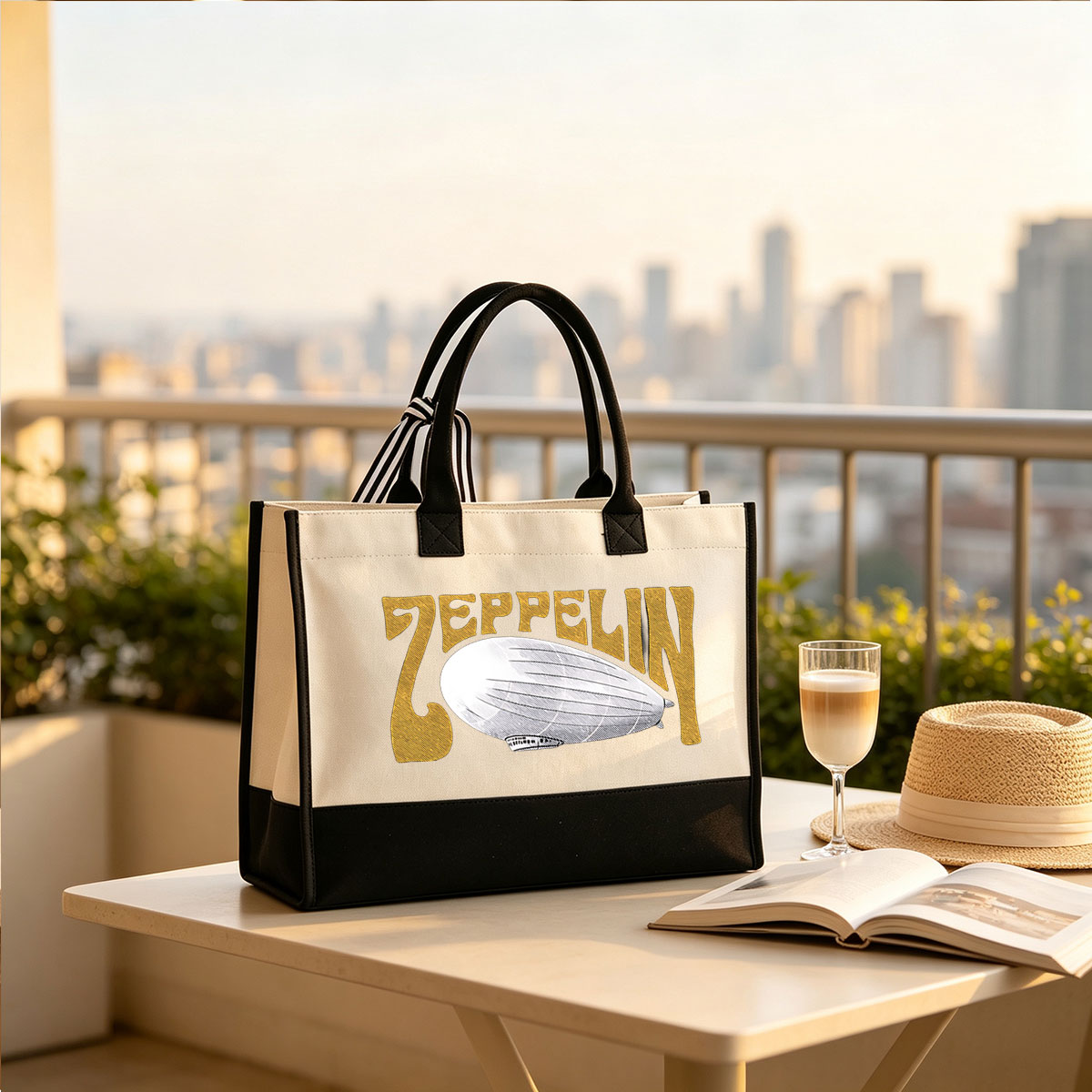 Led Zeppelin Band Logo with Airship Graphic - Canvas patchwork gift tote bag