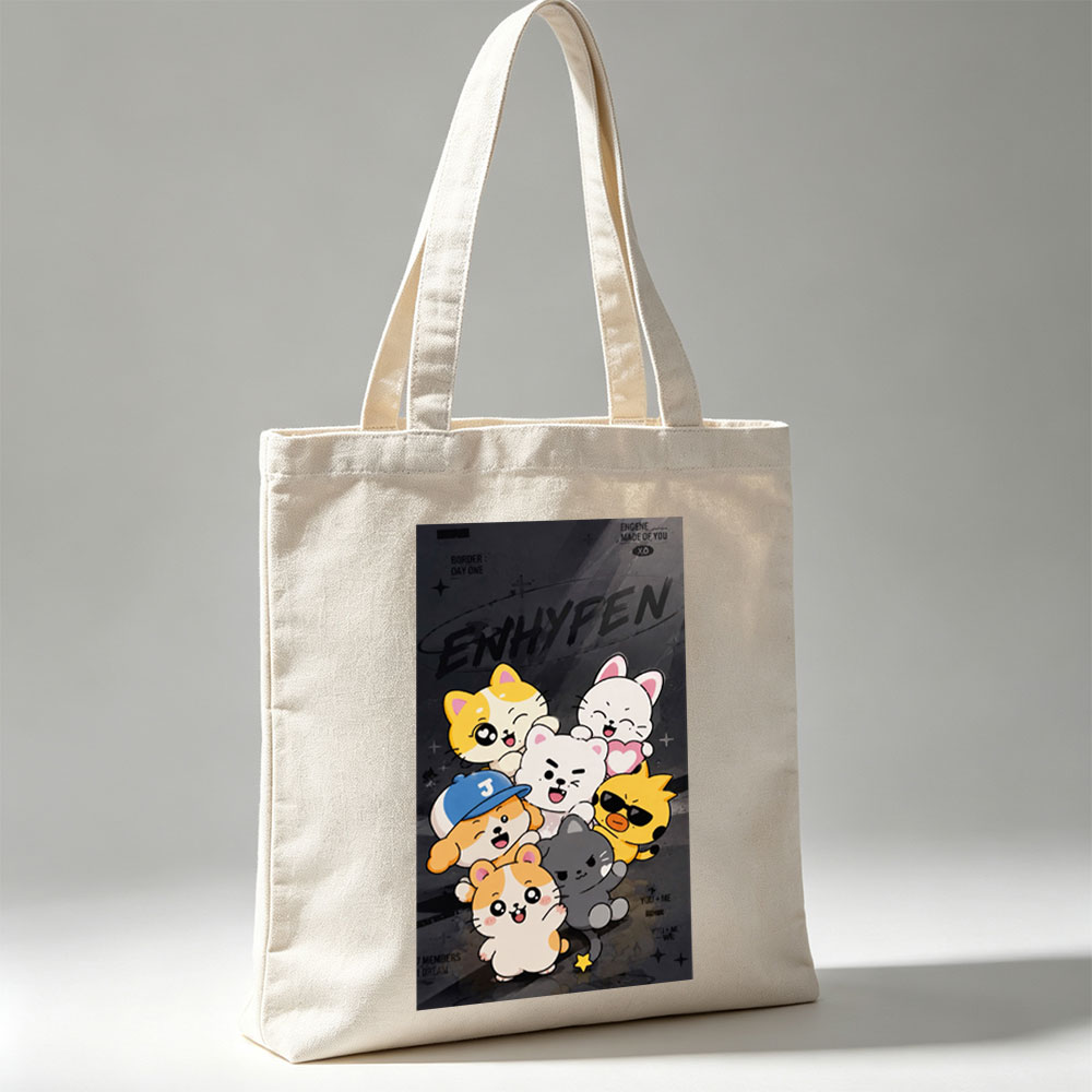 ENHYPEN Cute Cartoon Cats Group Pose on Dark Background Wallpaper - Canvas tote bags