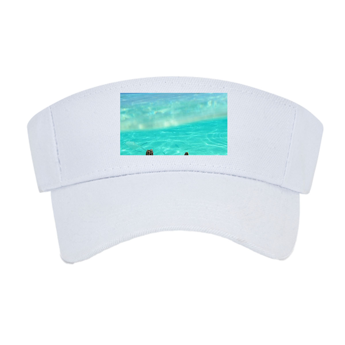 Sea turtle swims in crystal-clear turquoise waters near a tropical island. -  Visor cap