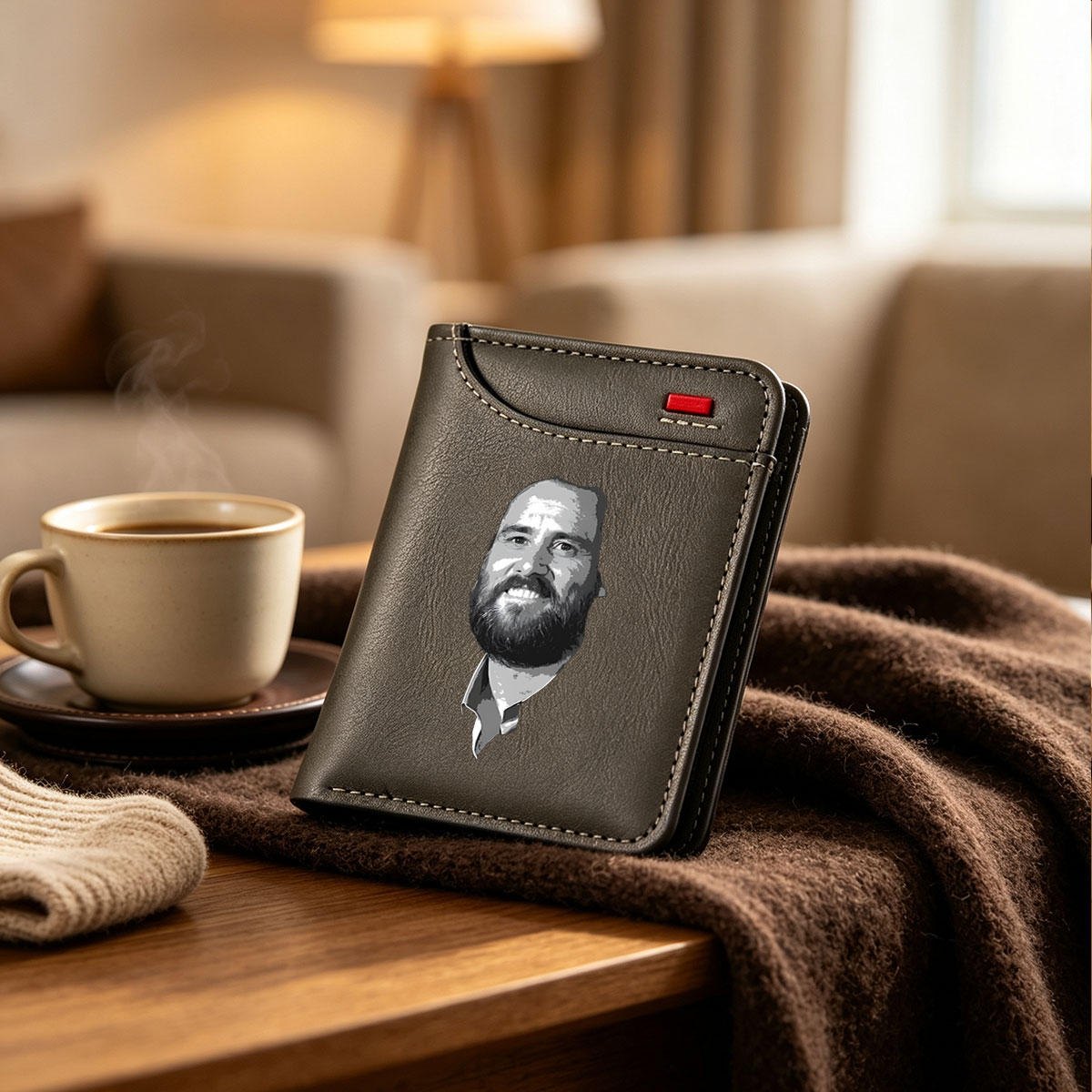 Bearded Man Smiling in Black and White Portrait - Vertical Style Wallet