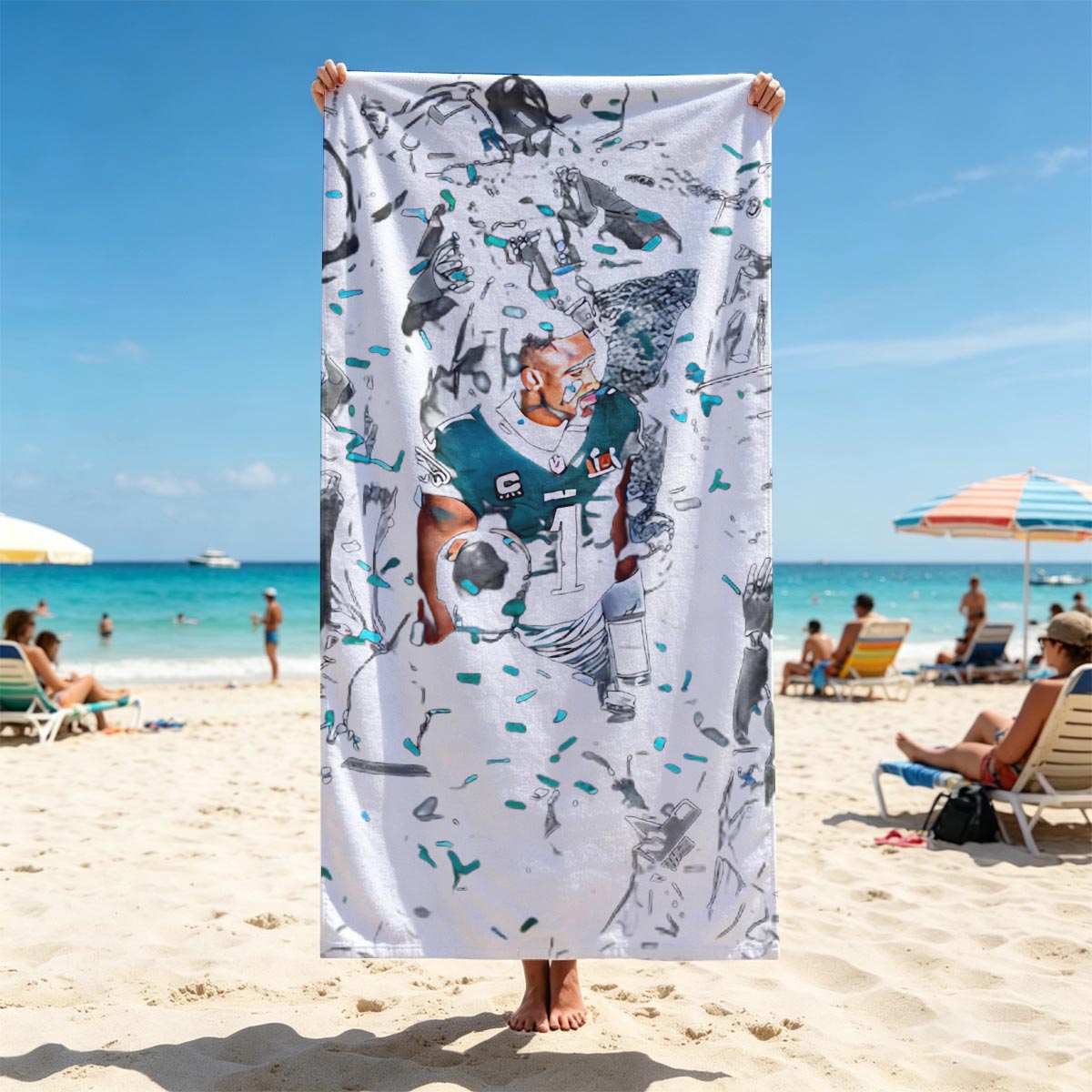 Tua Tagovailoa, Miami Dolphins QB, celebrates with teammates and confetti in a dynamic team moment. - Beach towels