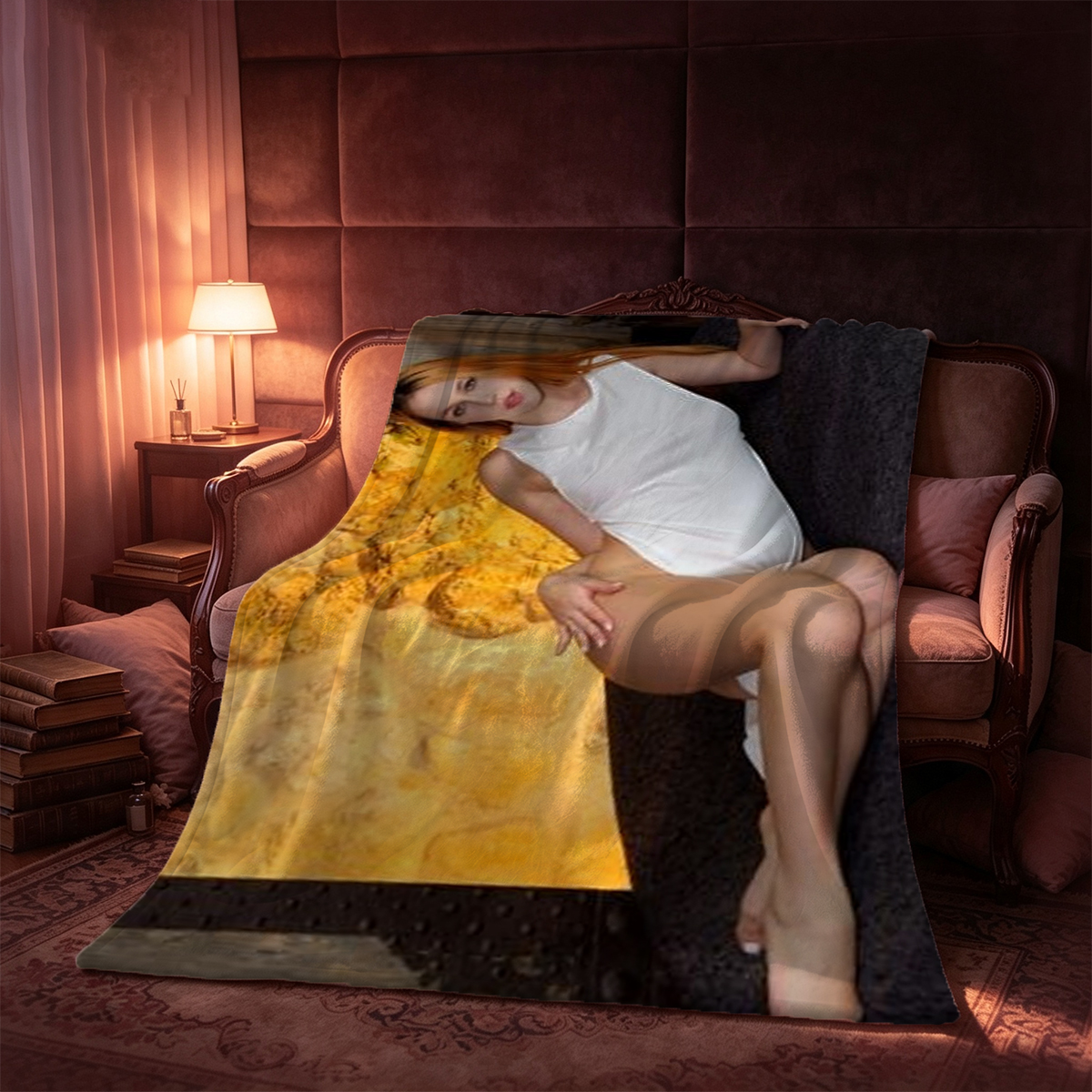 Sydney Sweeney in a turquoise lace one-piece swimsuit on the couch - Blanket