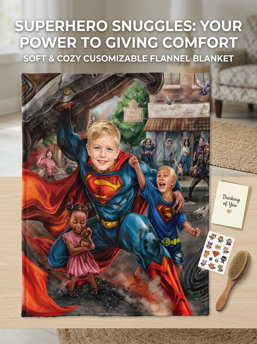 Custom Superhero Photo Flannel Blanket Personalized Face Upload Ultra Soft Anti Pilling Throw for Kids Adults Gift
