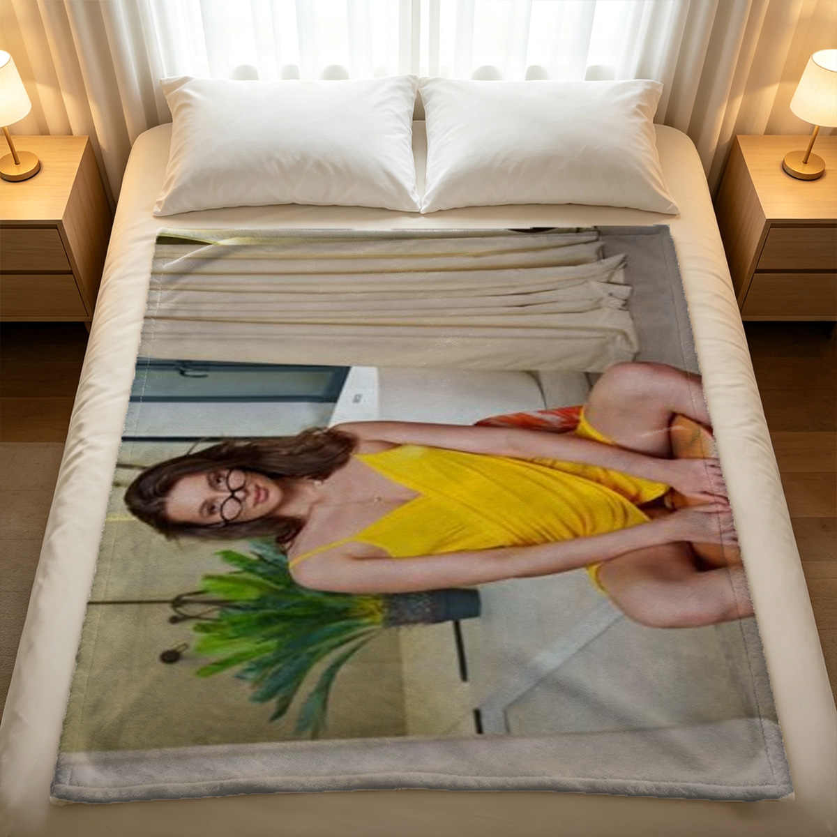 A woman in a sheer black floral lingerie set posing outdoors in a garden. - Blanket
