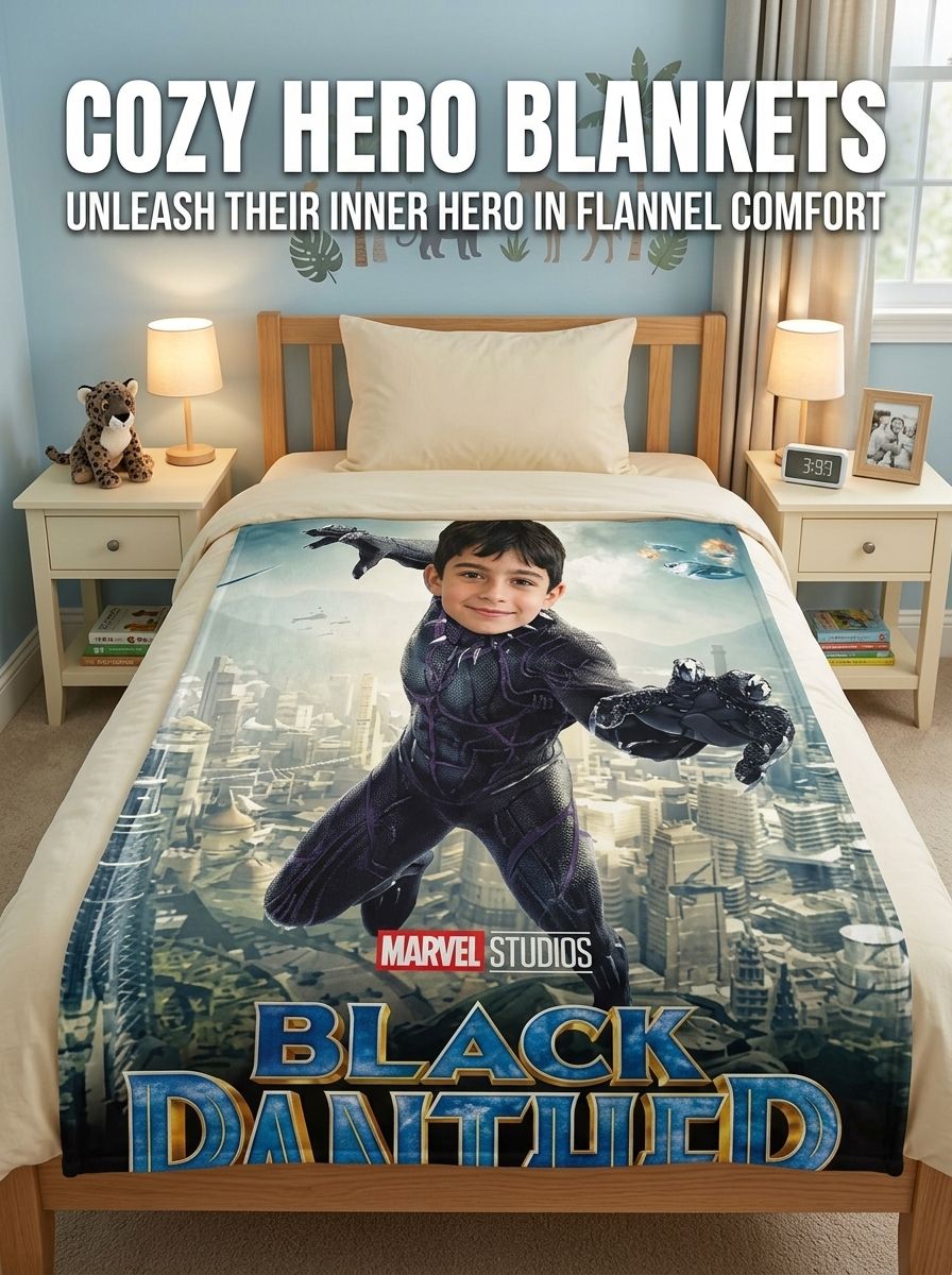 Custom Face Superhero Flannel Fleece Blanket Ultra Soft Cozy Personalized Throw Blanket Ideal Gift for Kids and Family