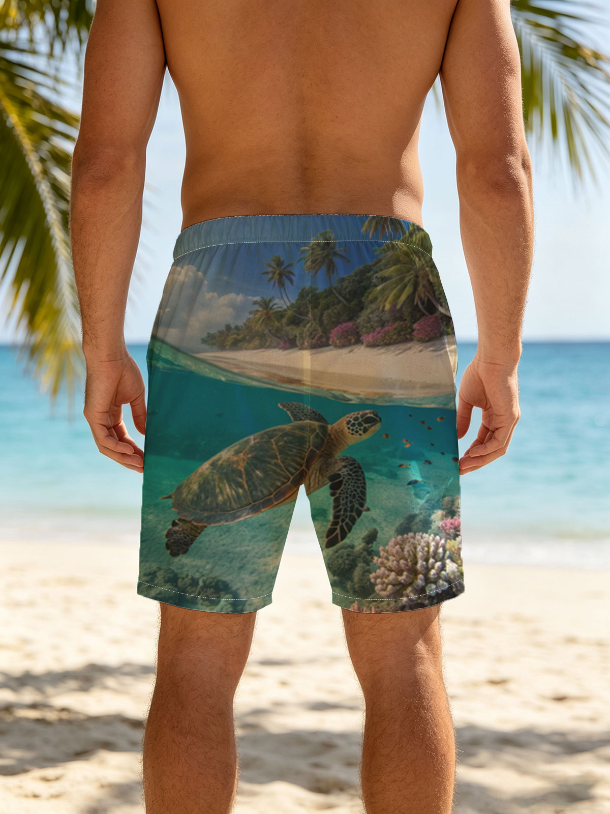 Sea Turtle Swims Near Coral Reef and Tropical Beach -  Beach shorts