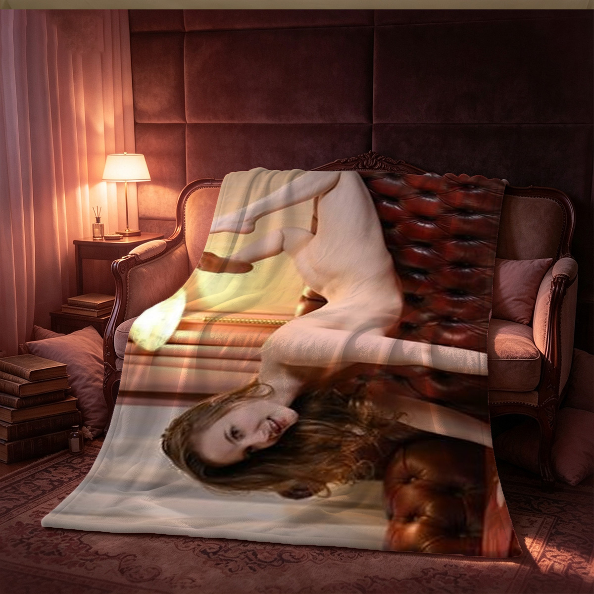 Playboy Bunny in Black Fishnet Lingerie Kneeling in Luxury Closet - Blanket