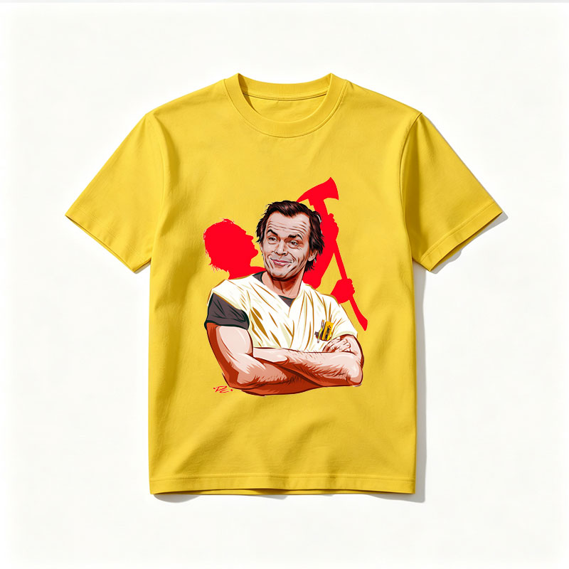 Jack Nicholson as the Joker, iconic villain from Batman, depicted in a stylized caricature with a menacing grin and chaotic red background. - Tee