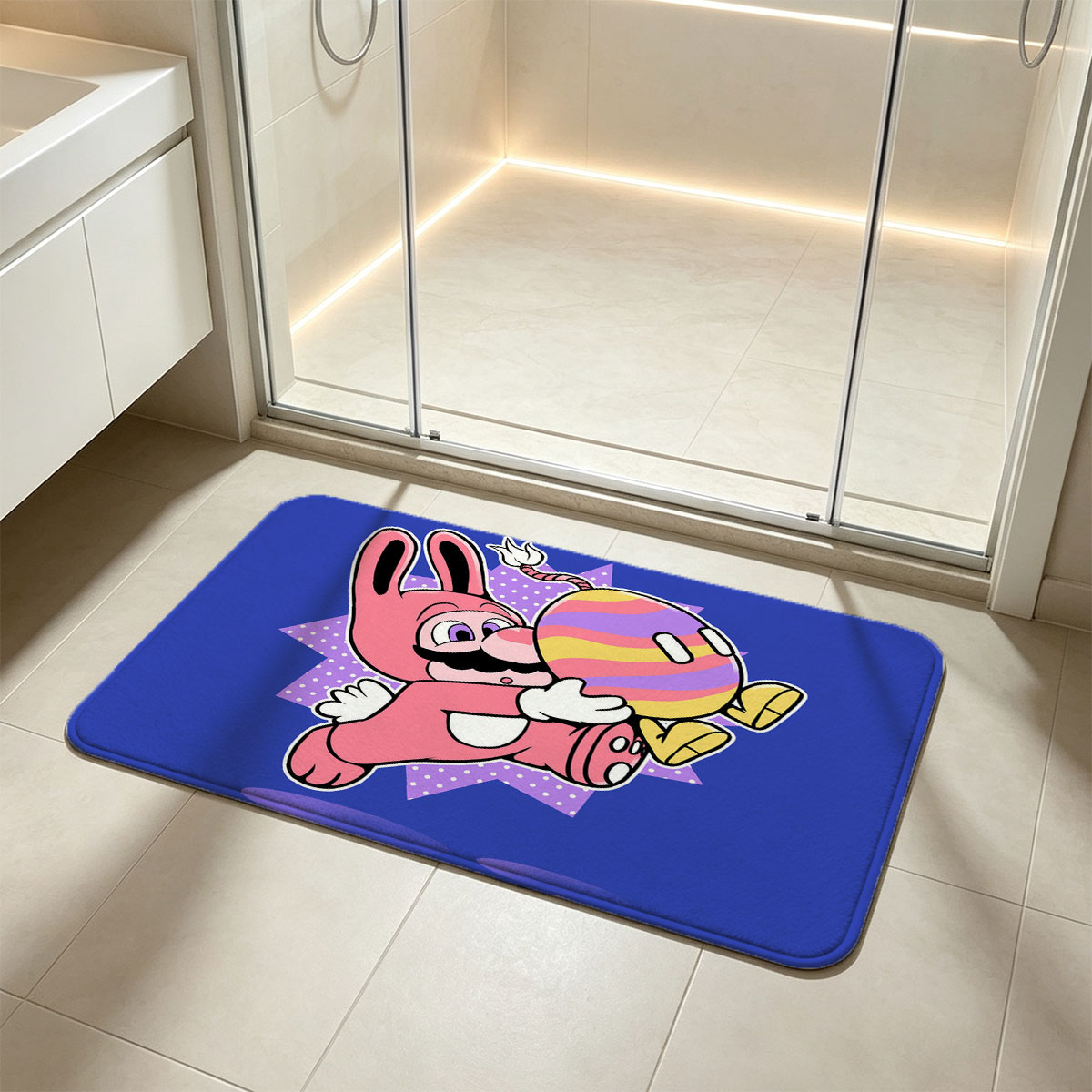 Mario in Bunny Suit Hugs Rainbow Koopa Shell - Flannel floor mat