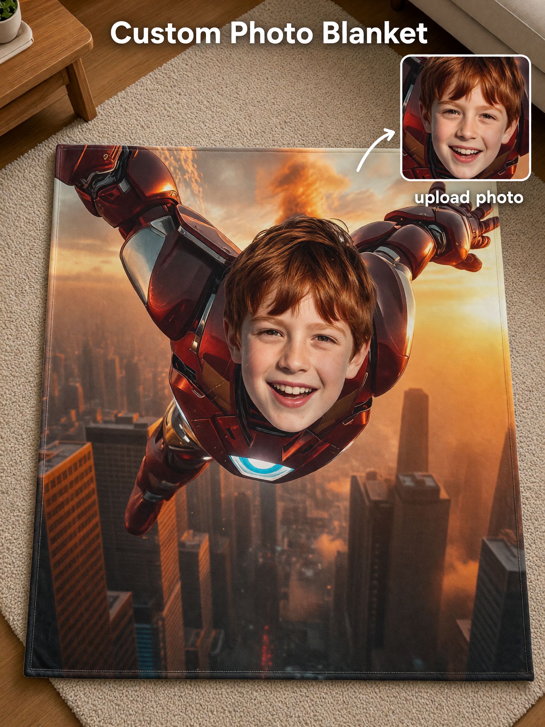 Custom Face Superhero Flannel Blanket, Personalized Photo Plush Throw for Couch and Bed, Unique Birthday Gift
