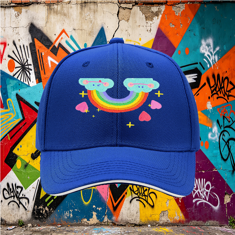 Unisex Classic Sandwich Hat with Rainbow Clouds and Hearts Print - Perfect for Casual Outings, Festivals, and Everyday Wear - Ideal for Teens and Young Adults Seeking Fun, Colorful Accessories