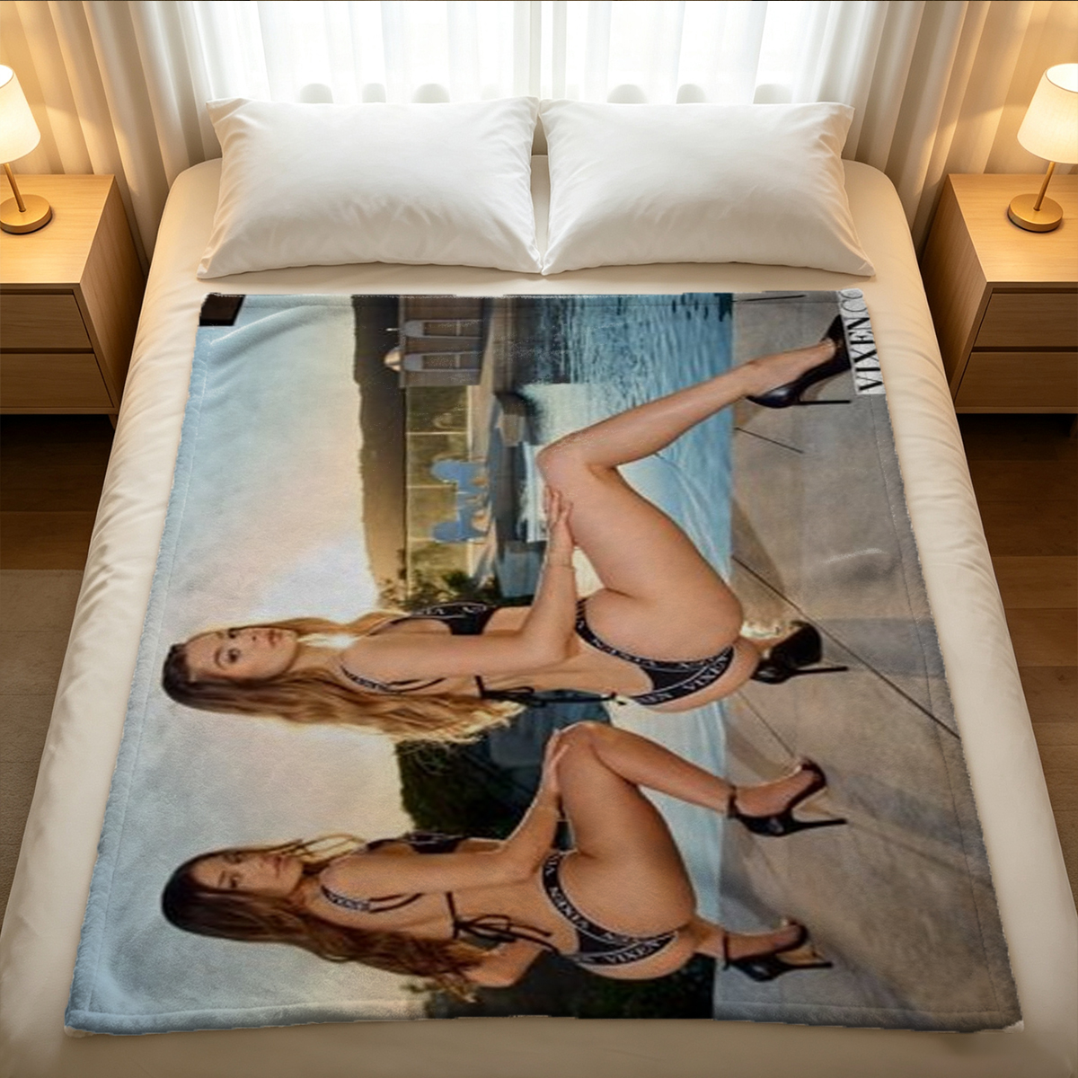 Nude redhead with ukulele on green couch - Blanket