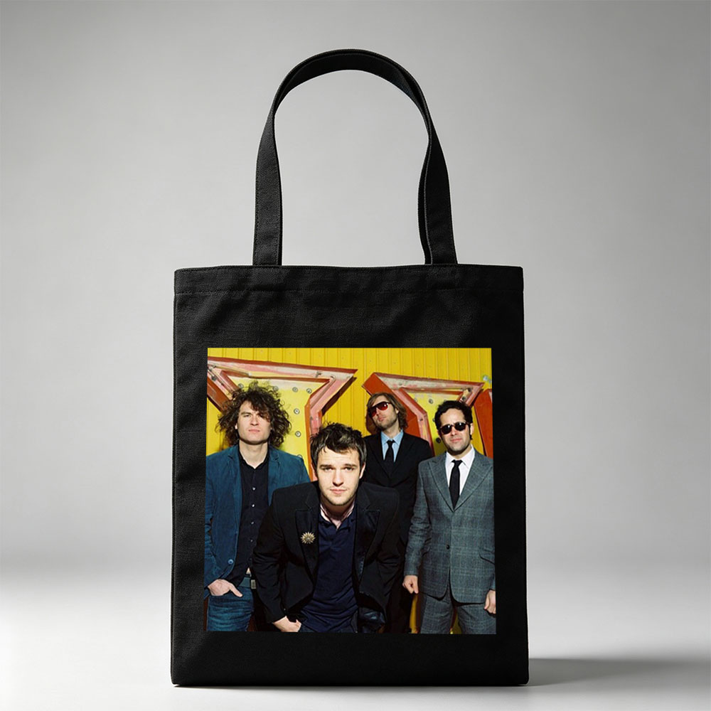 The Killers Band Members in Formal Wear Against a Vibrant Yellow Background - Canvas tote bags
