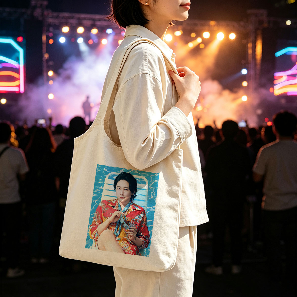 Kazuma Komatsu Relaxing by the Pool in Vibrant Summer Outfit - Canvas shoulder bags/