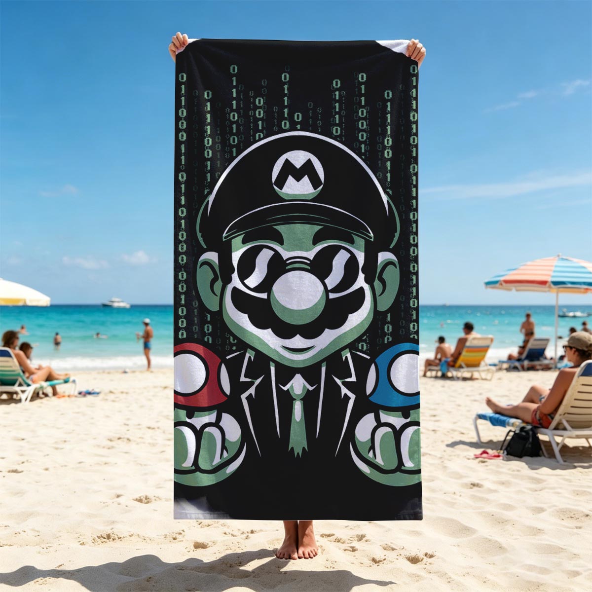 Mario in Matrix Code with Red and Blue Mushrooms - Beach towels
