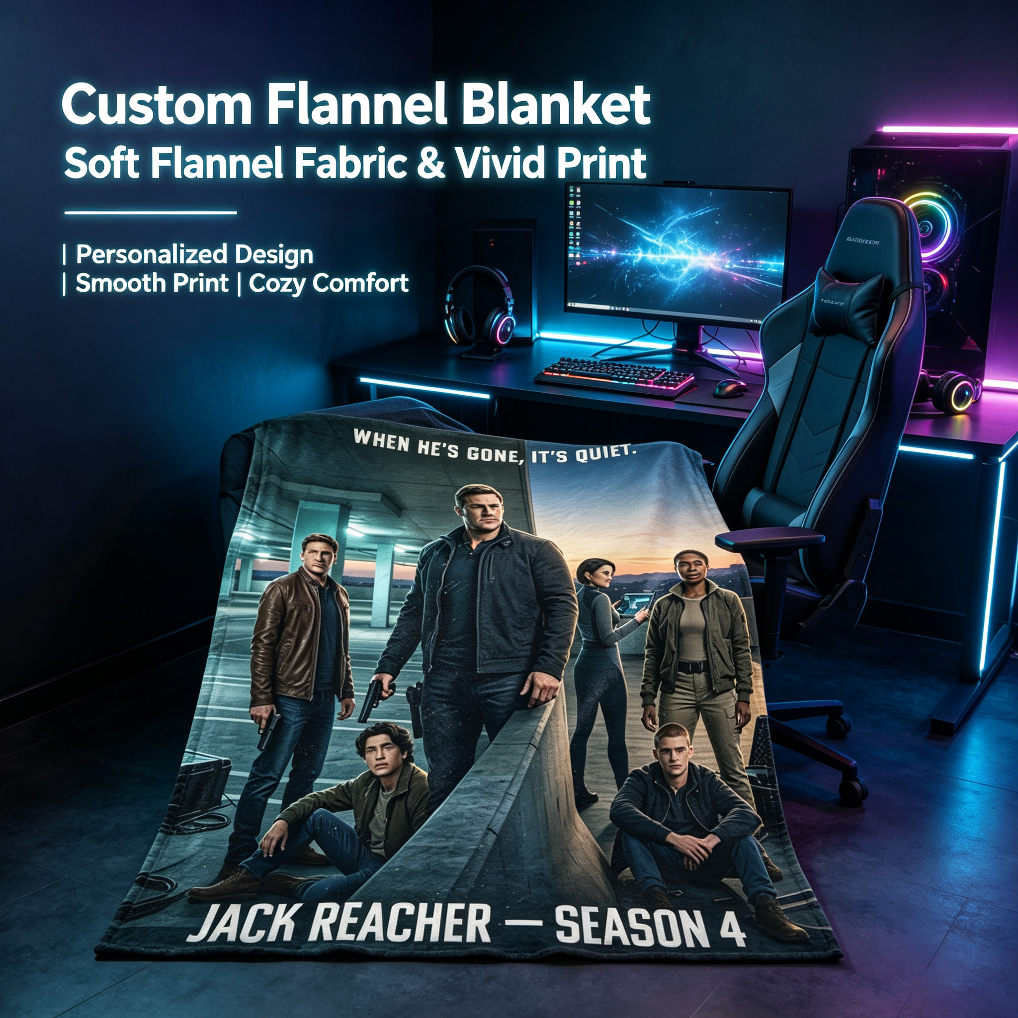 Custom Face Blanket Jack Reacher Season 4 Flannel Blanket for Couch, Bed, or Travel – Perfect Gift for Fans of the Action Thriller Series