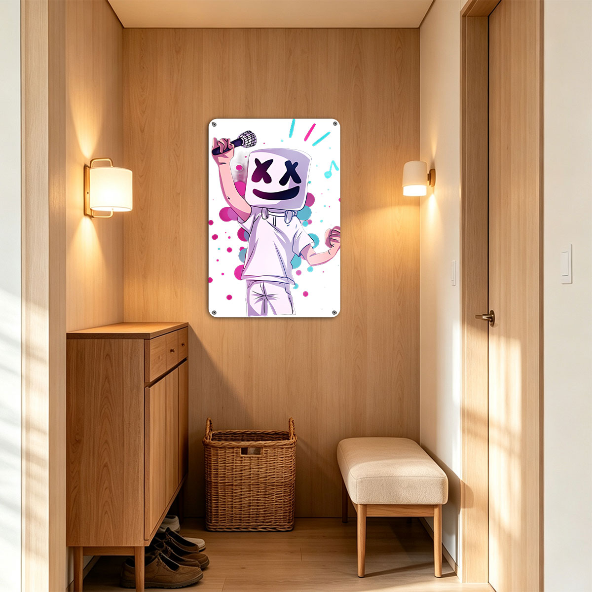 Marshmello Performing with Microphone, Music Notes, and Colorful Background - painting