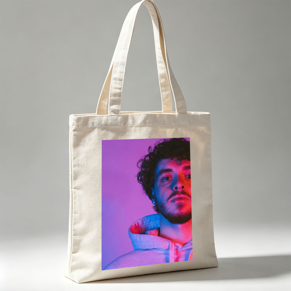 Jack Harlow in a Neon Glow Portrait Wearing a Hoodie with Purple and Pink Lighting - Canvas tote bags