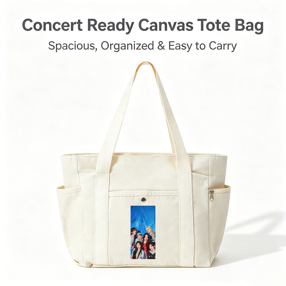 IVE Group Photo with Blue Background and Casual Outfits - Multi-pocket bags