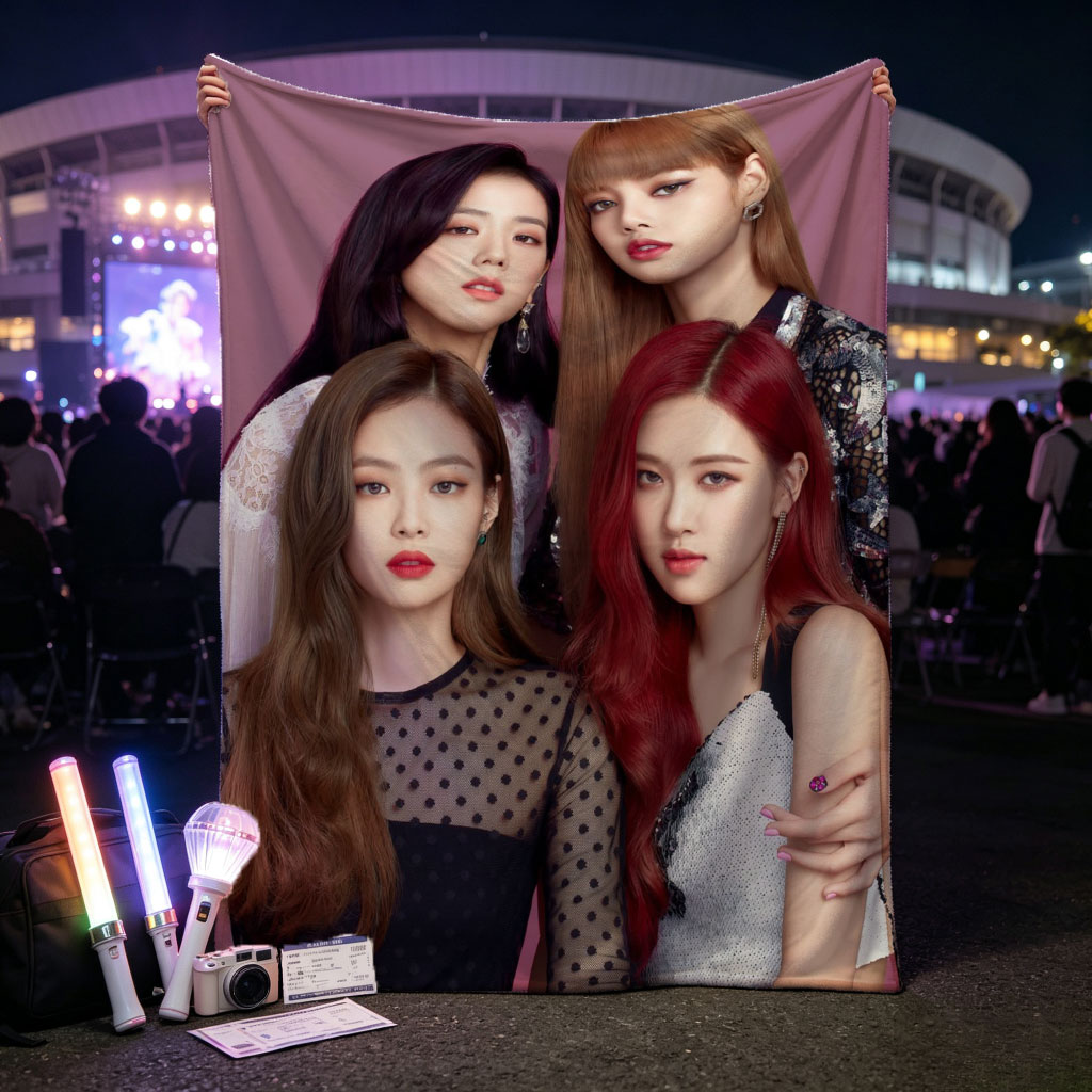 BLACKPINK Group Portrait - Four Members in Stylish Outfits Against Purple Background - Blankets