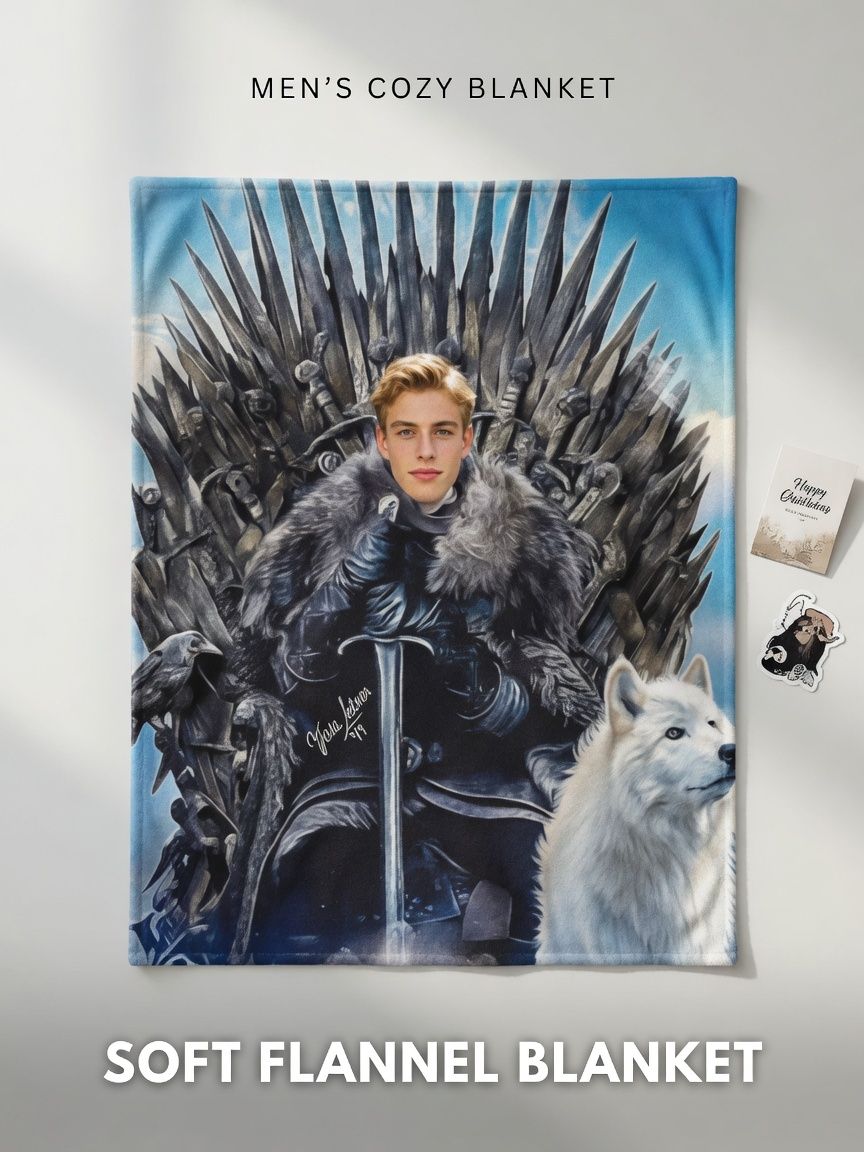 Custom Face Photo Flannel Blanket Personalized Fantasy Warrior Throne Throw Ultra Soft Anti-Pilling Cozy Gift for Couch