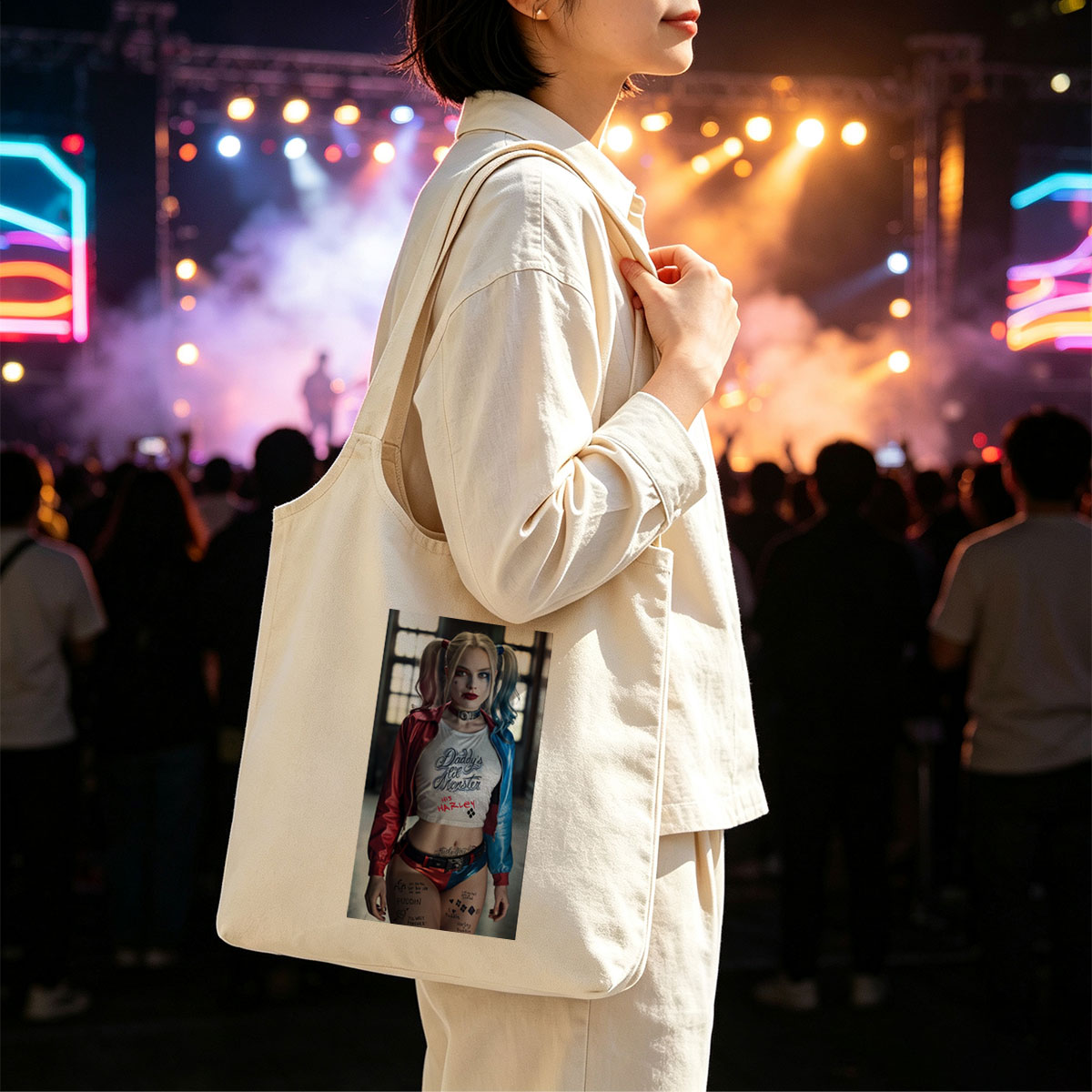 Margot Robbie as Harley Quinn in Suicide Squad - Iconic Costume and Bold Makeup Portrait - Canvas shoulder bags/