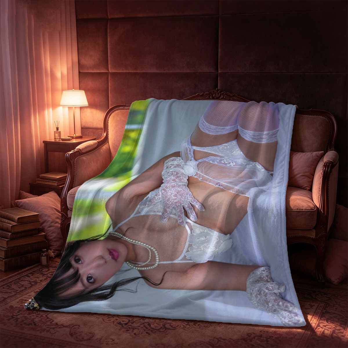 Gisele Bundchen in cream lace lingerie spreading legs on starry blue background - Blanket