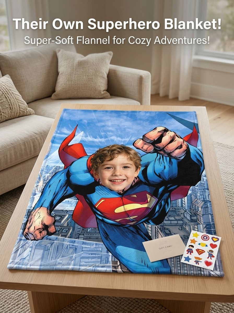 Personalized Superhero Photo Face Flannel Blanket Custom Cozy Fleece Throw Keepsake Gift for Kids and Family