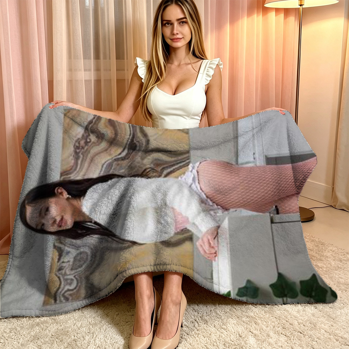 Ahegao Beauty in Grey Lingerie Kneeling on Bed with Pasties and Paddle. - Blanket