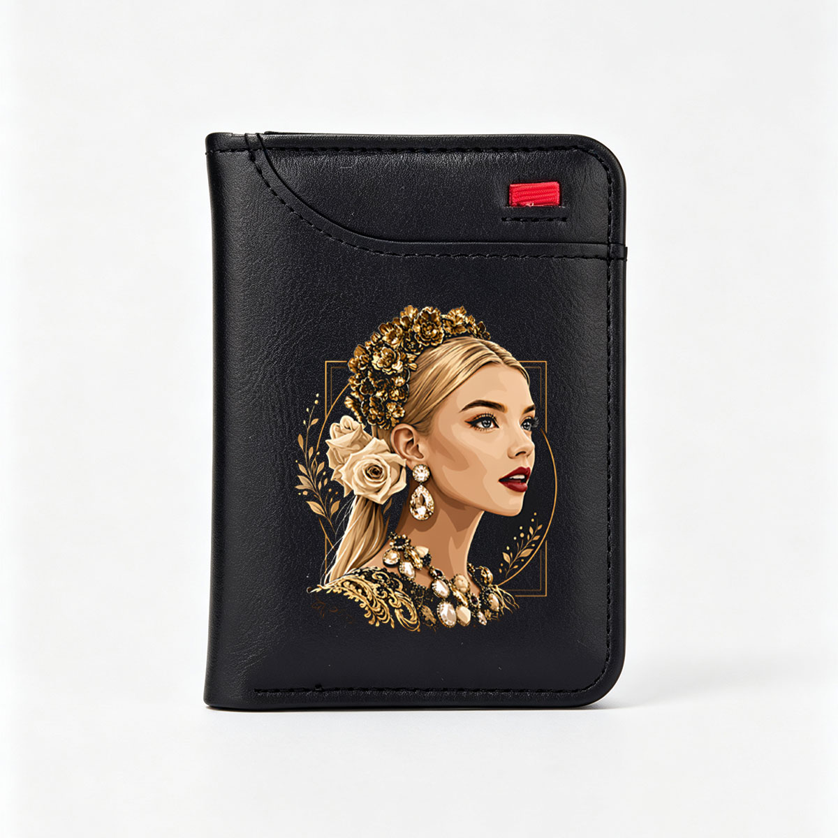 Golden Rose Queen: Elegant Portrait of a Blonde Woman with Floral Crown and Jewelry - Vertical Style Wallet