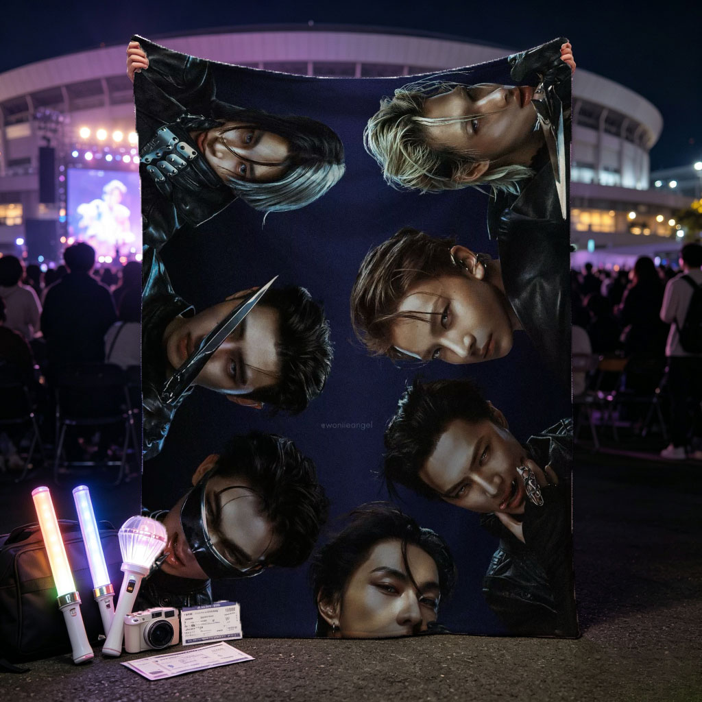 Stray Kids in Dark Leather Outfits with Dramatic Poses and Knives Against a Deep Blue Background - Blankets