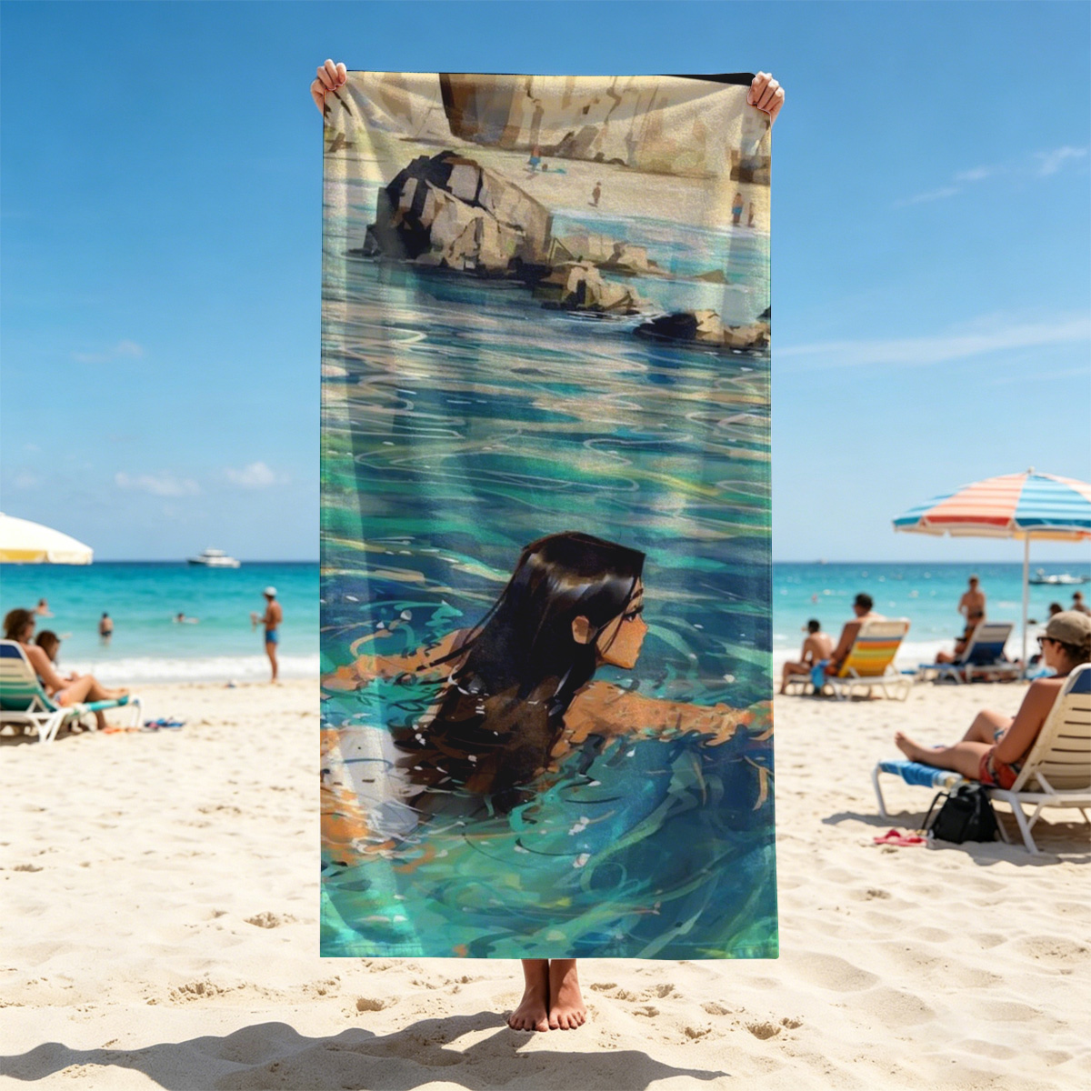 Woman swimming in clear blue water near rocky shore - Beach towels