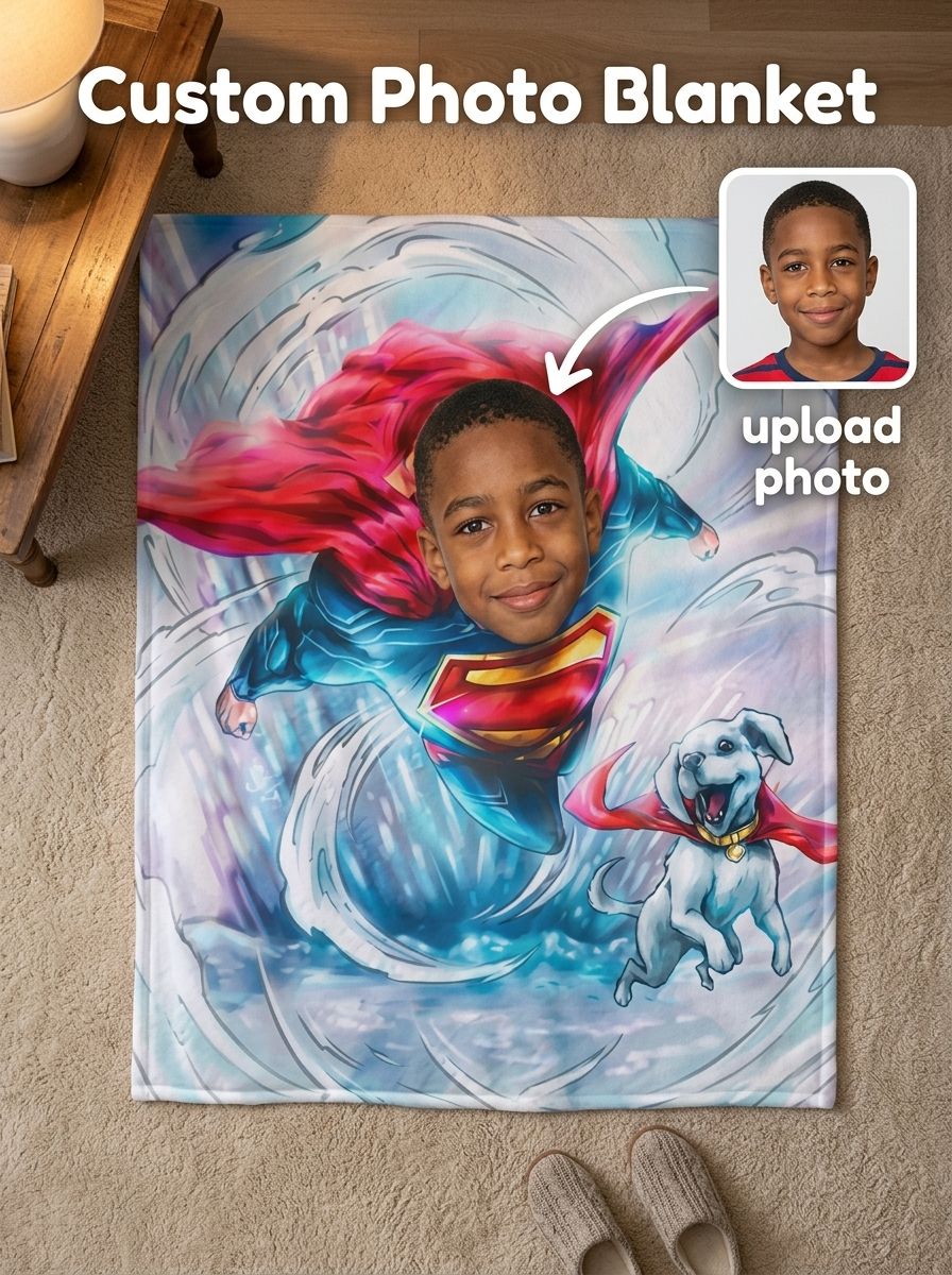 Personalized Face Photo Superhero Blanket Ultra Soft Flannel Throw for Kids Adults Custom Hero Fleece Bed Couch Gift