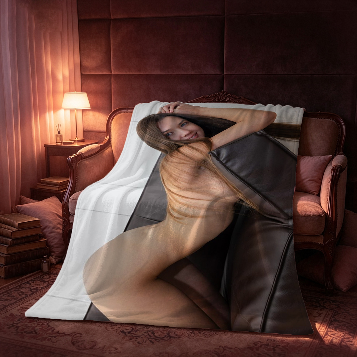 Nude Emma Watson in white stockings posing by a chair in a sunlit room. - Blanket
