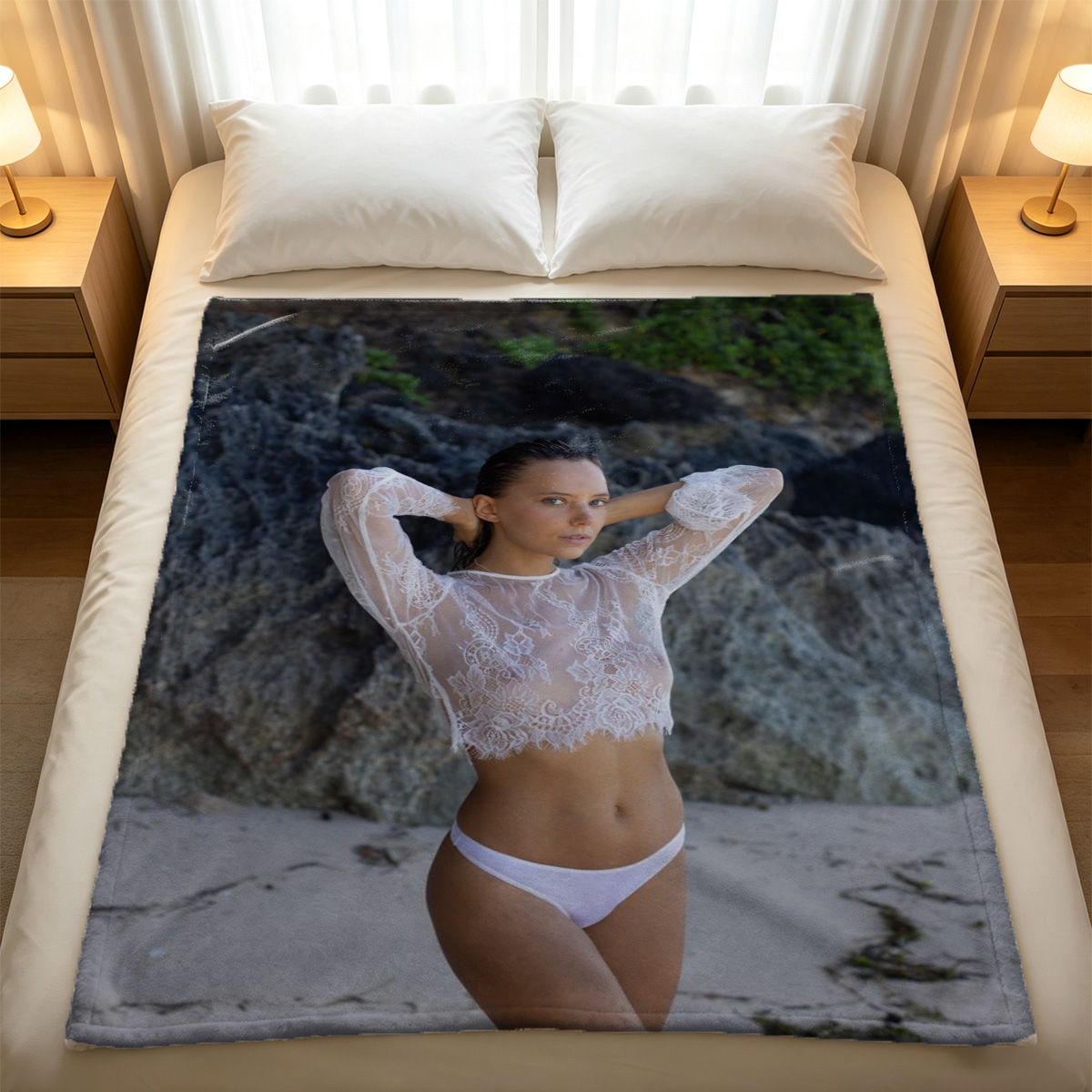 Naked Anya Olsen pulling down her jeans in rustic room - Blanket