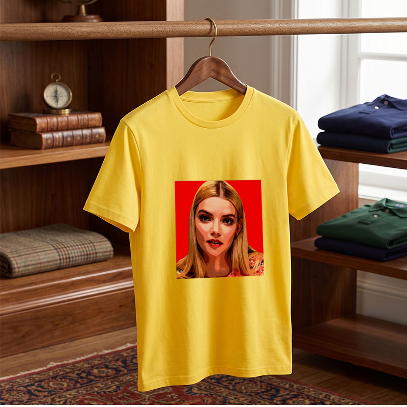 Anya Taylor-Joy in a stylized portrait with bold red background - Tee