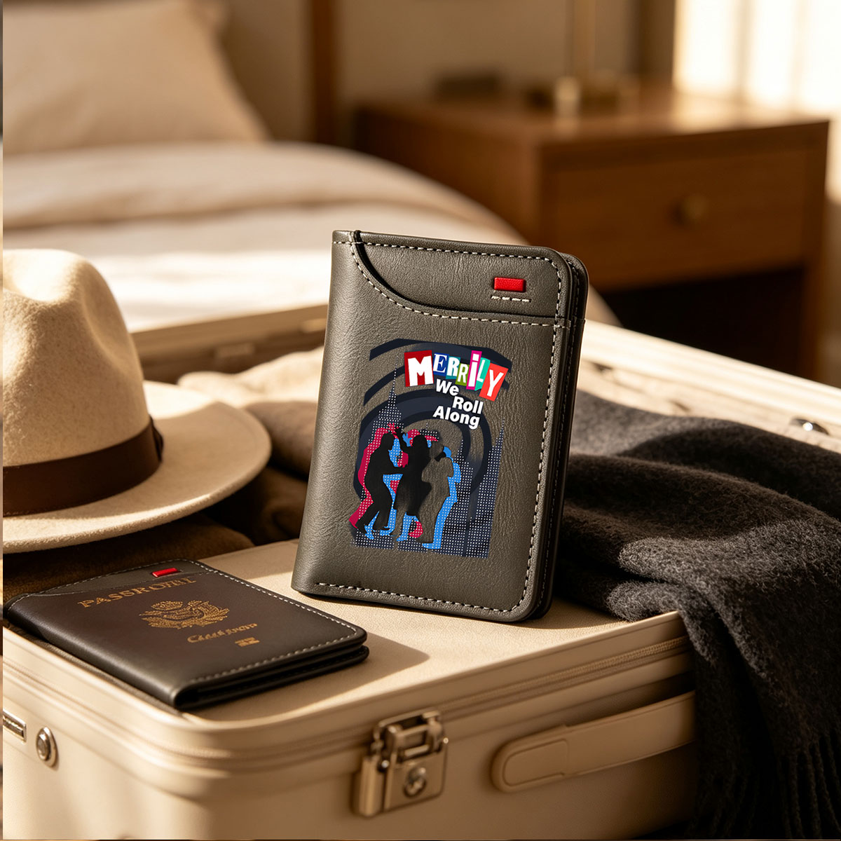 Merrily We Roll Along: Silhouetted Figures in Urban Night Scene - Vertical Style Wallet
