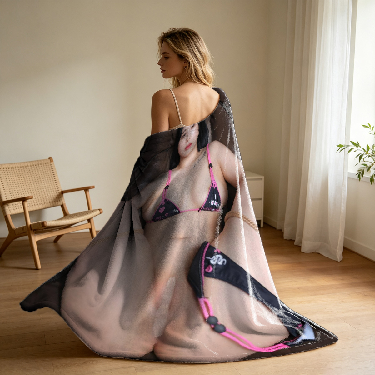 Naked Kate Winslet Kneeling on Blue Armchair with Ankles Tied - Blanket